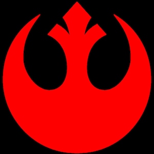 May include: A red Rebel Alliance symbol, a stylized bird in flight, against a black background.