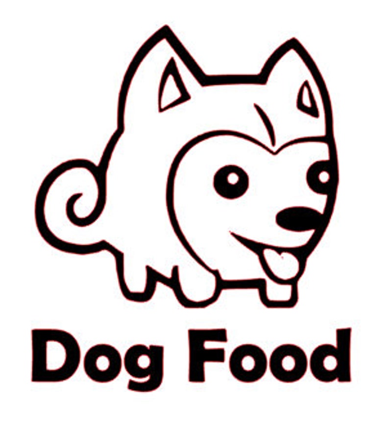 May include: Black and white cartoon illustration of a dog with a red tongue sticking out. The text "Dog Food" is written below the dog.
