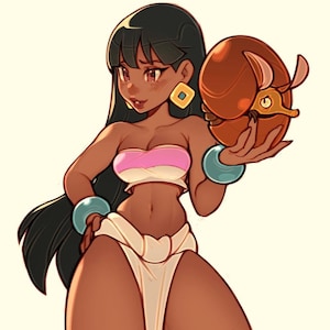 May include: Illustration of a woman with dark hair and skin, wearing a pink and white top, a white skirt, and turquoise bracelets. She holds a brown object with a gold design. The artwork has a cartoon style.