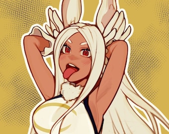 May include: A white and blue costume with bunny ears and a fluffy tail. The character has long white hair, brown skin, and red eyes. The character is sticking out their tongue.