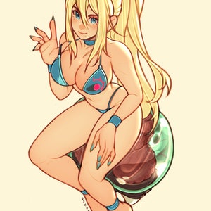 May include: A blonde-haired woman with blue eyes wearing a blue bikini with a pink and red symbol on the top. She is sitting on a green and brown object with her legs crossed.