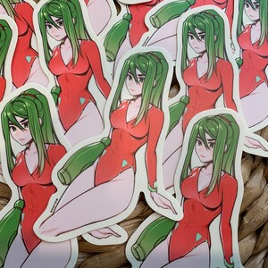 May include: A set of stickers featuring a cartoon character wearing a red swimsuit and green hair. The character is holding a green water bottle.