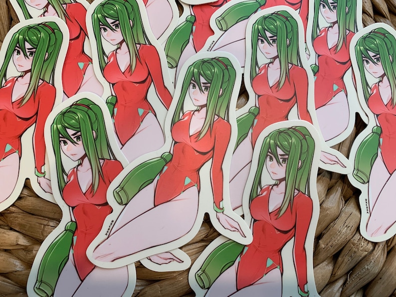 May include: A set of stickers featuring a cartoon character wearing a red swimsuit and green hair. The character is holding a green water bottle.
