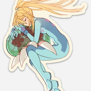 May include: A blue-suited female character with long blonde hair is curled up, sleeping, and hugging a green, red, and white creature.