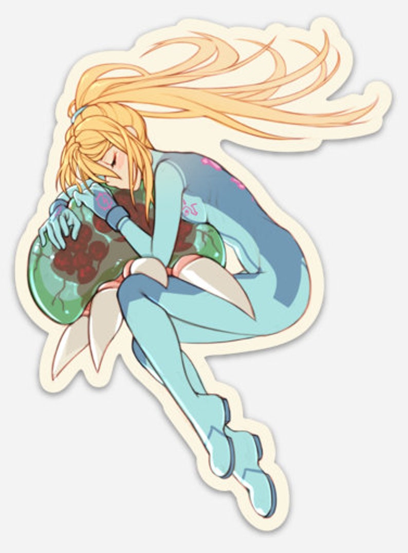 May include: A blue-suited female character with long blonde hair is curled up, sleeping, and hugging a green, red, and white creature.