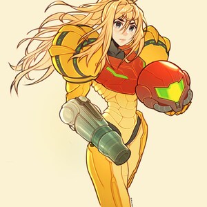 May include: A female character in a yellow and red suit with a helmet in her hand. She has long blonde hair and blue eyes. The character is from the video game Metroid.
