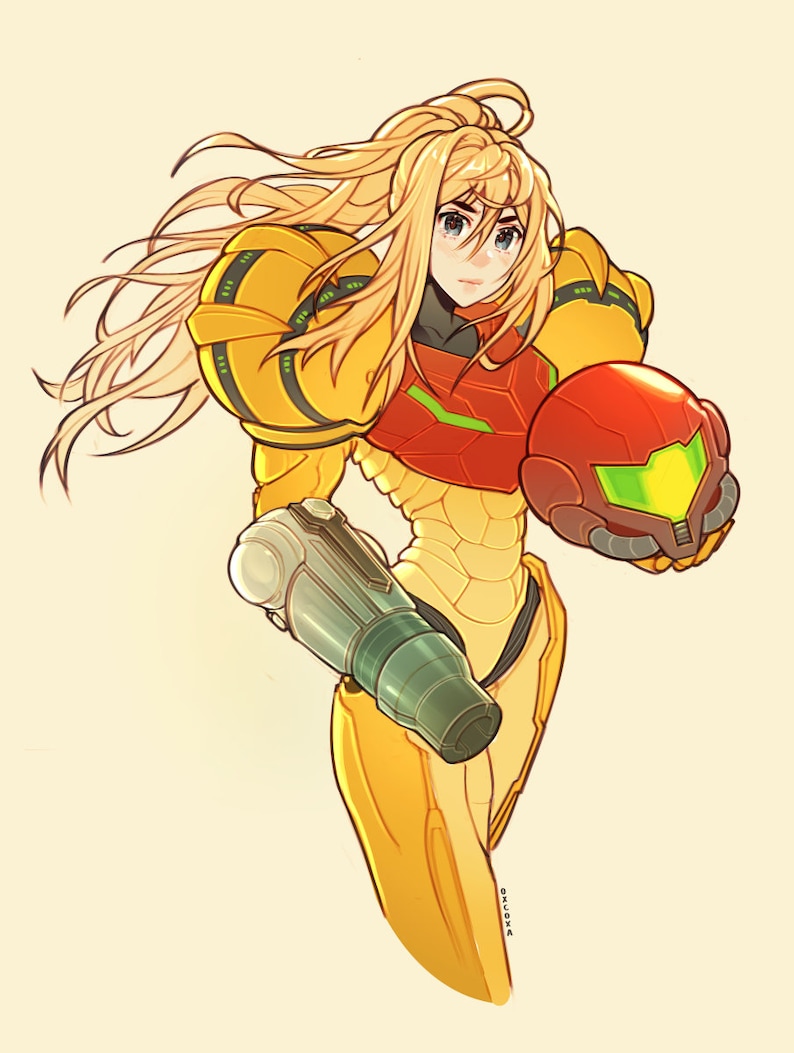 May include: A female character in a yellow and red suit with a helmet in her hand. She has long blonde hair and blue eyes. The character is from the video game Metroid.