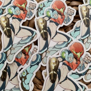 May include: A set of stickers featuring a cartoon character in a red and white suit with a blue and green helmet. The character is holding a gun and is in a running pose.