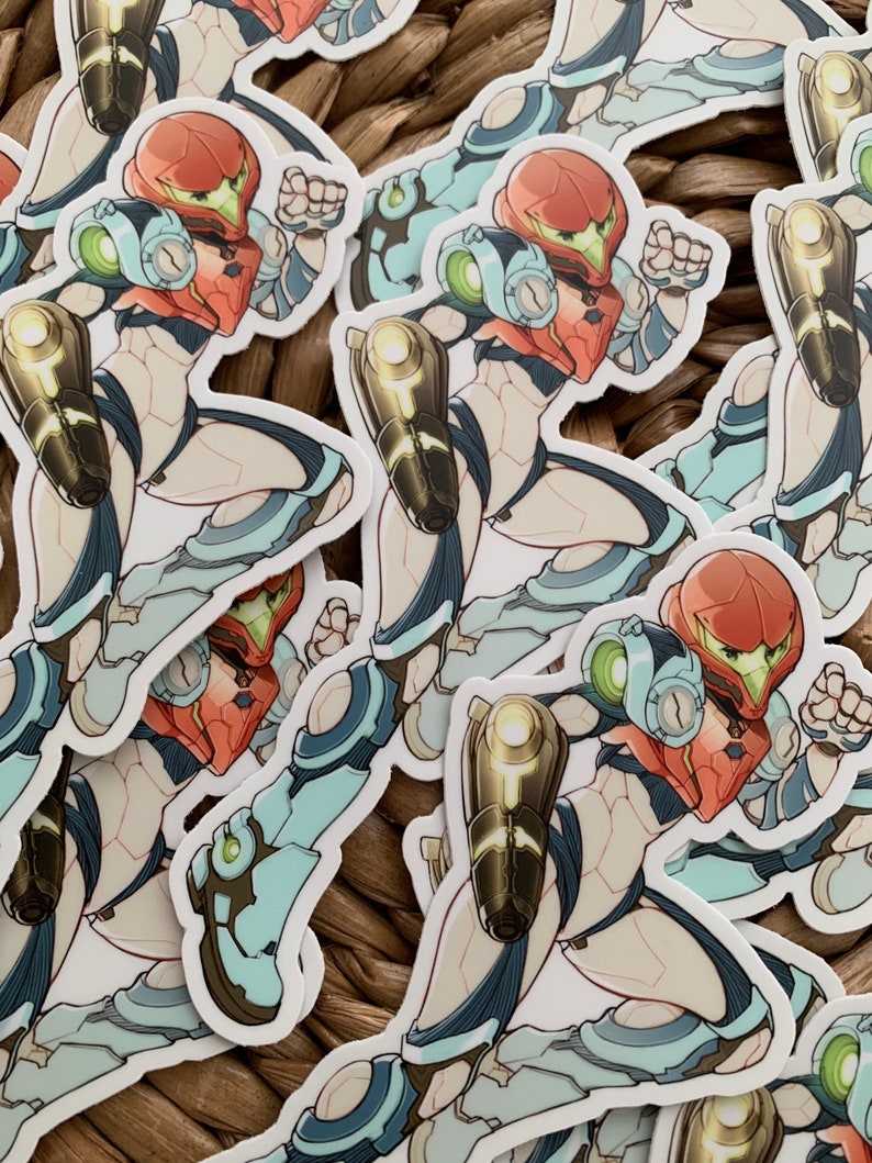 May include: A set of stickers featuring a cartoon character in a red and white suit with a blue and green helmet. The character is holding a gun and is in a running pose.