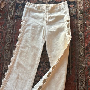 Vintage 1960s White Linen Side Cut Out Flared Pants Trousers Flares XS XXS