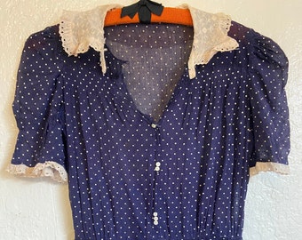 Vintage 1930s Swiss Dot Cotton Peplum Dress XS