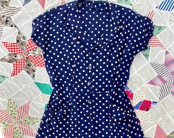 Vintage 40s Blue Polka Dot Cotton House Dress Pockets Small Medium Button Down Chore Handmade