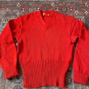 Vintage 1940s Red Wool V Neck Varsity Sweater Pullover image 1