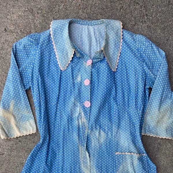 Vintage 30s 40s Sun Faded Blue Polka Dot Farm Dress Cotton Medium Collared
