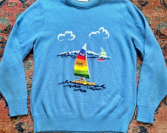 Maglione vintage anni '60 con stampa di barca a vela, blu acrilico, taglie S/M