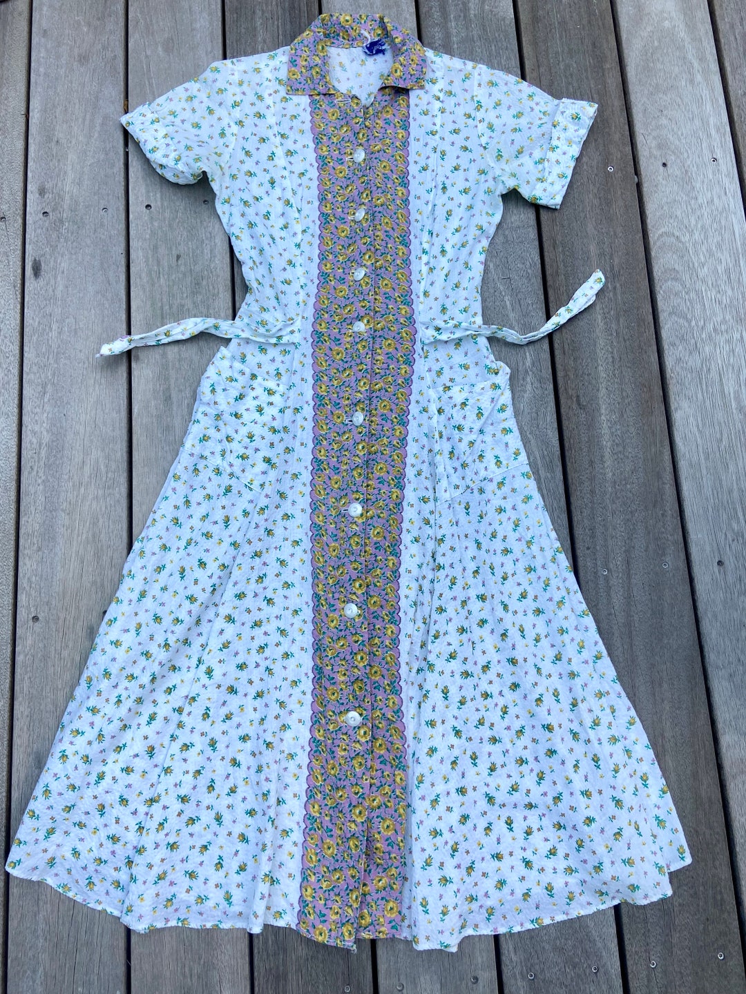 Vintage 40s Floral Seersucker Button Down House Dress XS Small Etsy