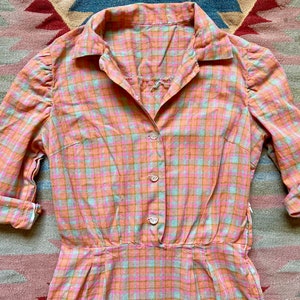 Vintage 60s Cotton Vibrant Plaid Collared Shirtdress Button down Dress Small