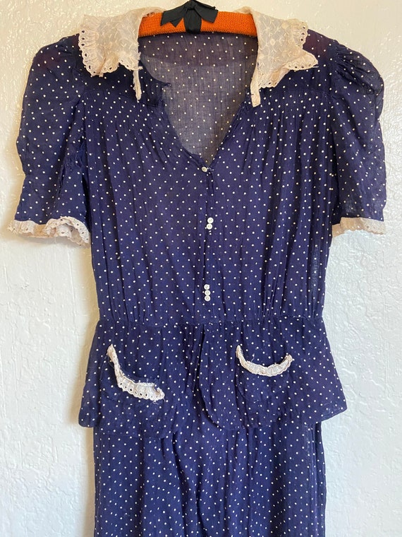 Vintage 1930s Swiss Dot Cotton Peplum Dress XS - image 1
