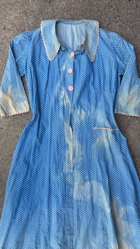 Vintage 30s 40s Sun Faded Blue Polka Dot Farm Dres