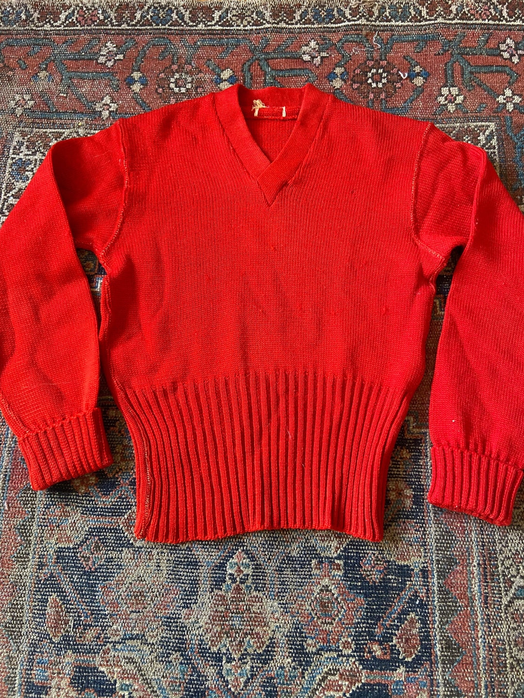 Vintage 1940s Red Wool V Neck Varsity Sweater Pullover - Etsy