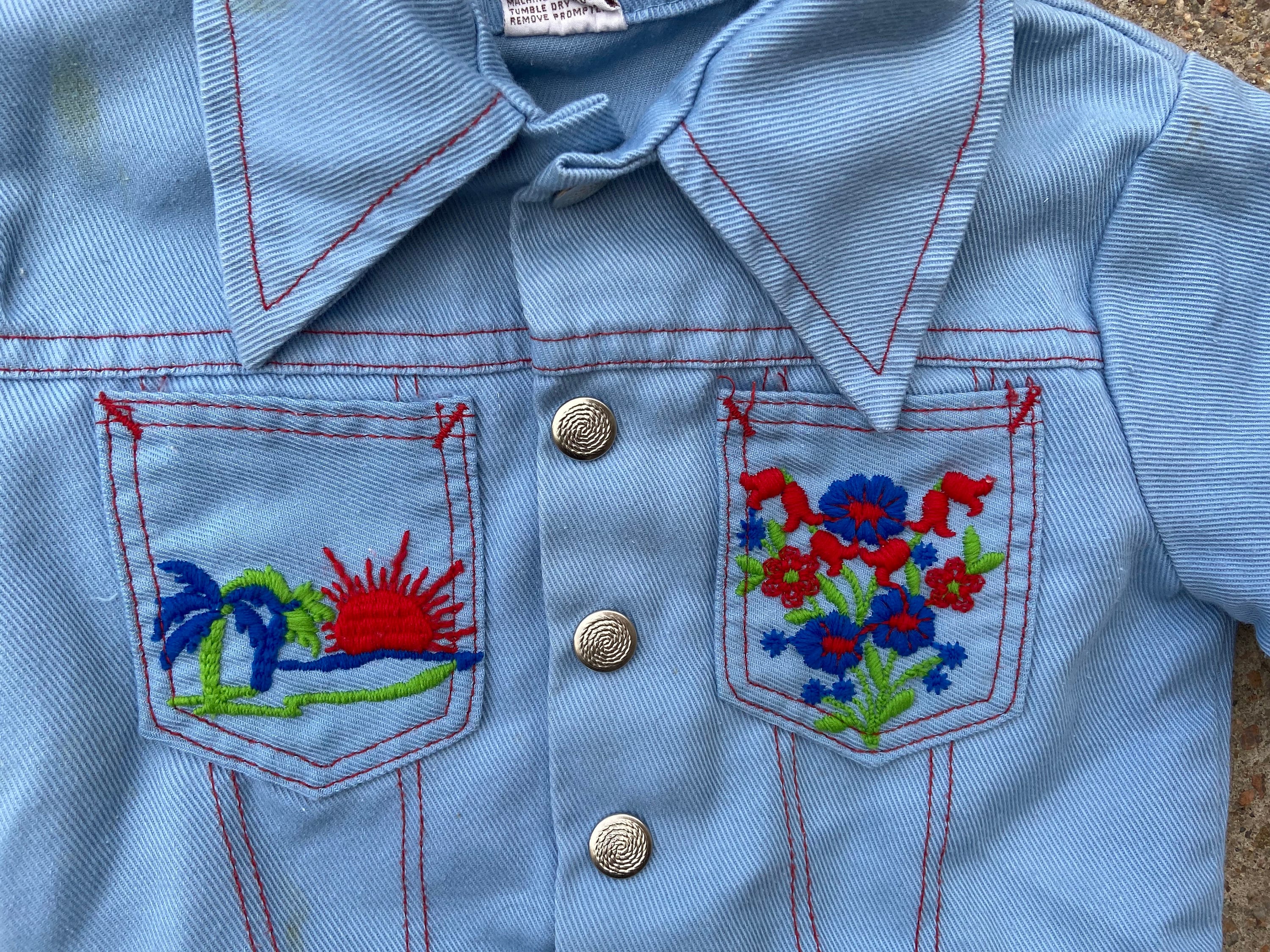 Vintage 70s Kids Embroidered Chambray Denim Jacket Montgomery Ward