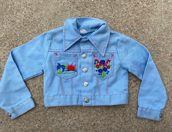 Vintage 70s Kids Embroidered Chambray Denim Jacke… - image 1