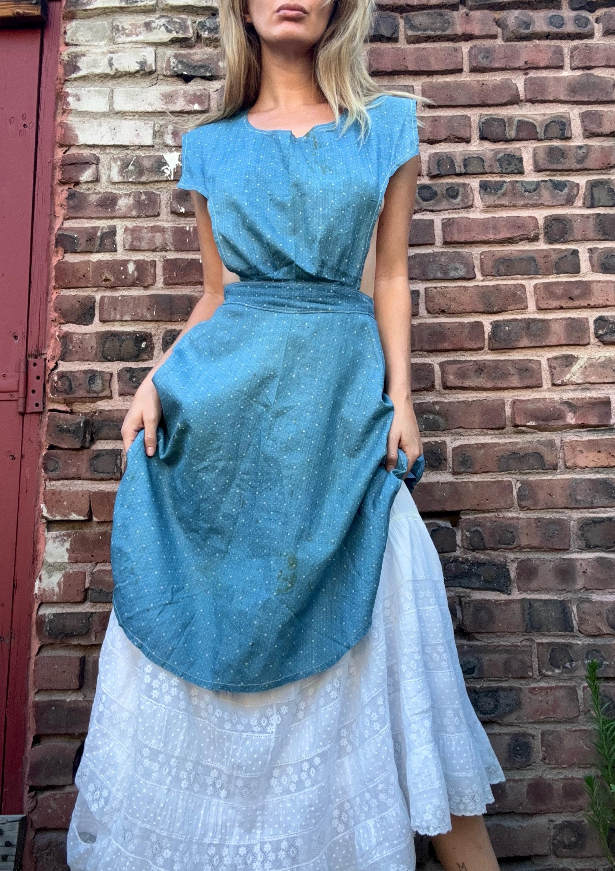 princess polly baby blue dress ICHI ANTIQUITES Cotton/Linen Vintage Twill Apron Dress - Blue main image 1