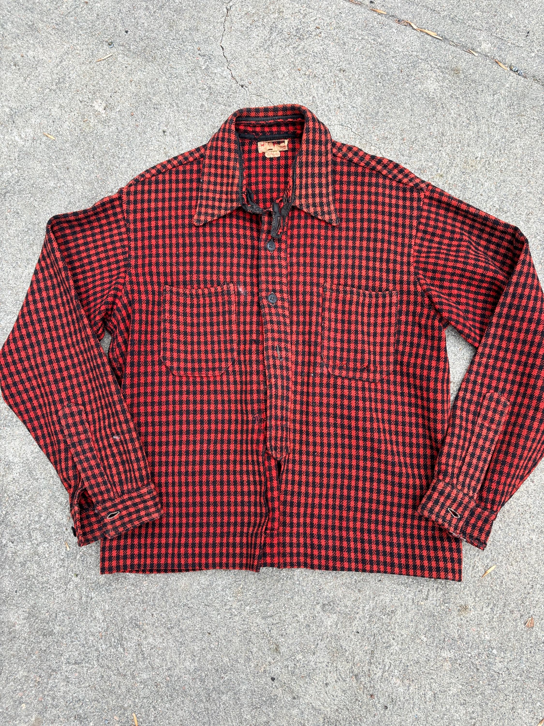 Vintage Antique 1930s Wool Plaid Loop Collar Button Down shirt Red Black Medium Large