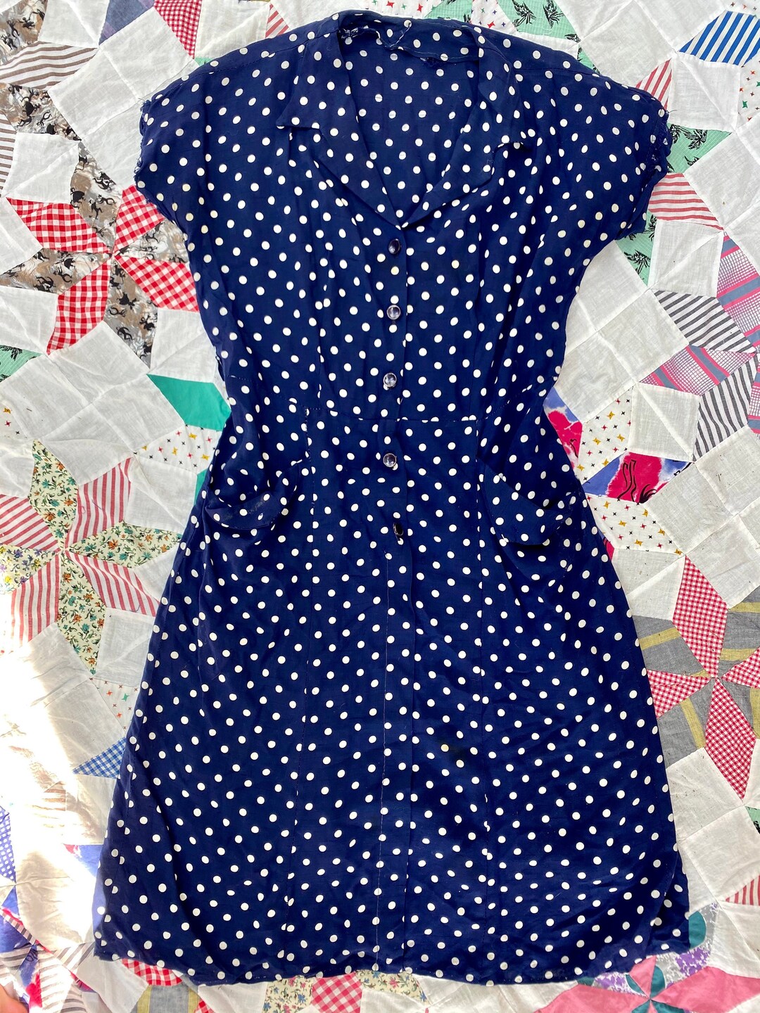 Late 1920's cotton house dress, white with red/white polka dots, buttons on collar and front pockets main image 1