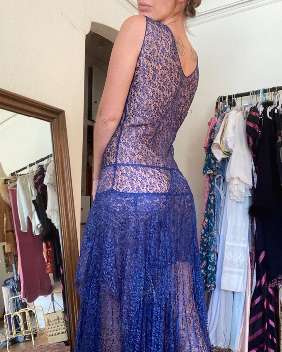 Antique 1920s Sapphire Blue Lace Flapper Dress