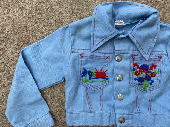 Vintage 70s Kids Embroidered Chambray Denim Jacke… - image 2