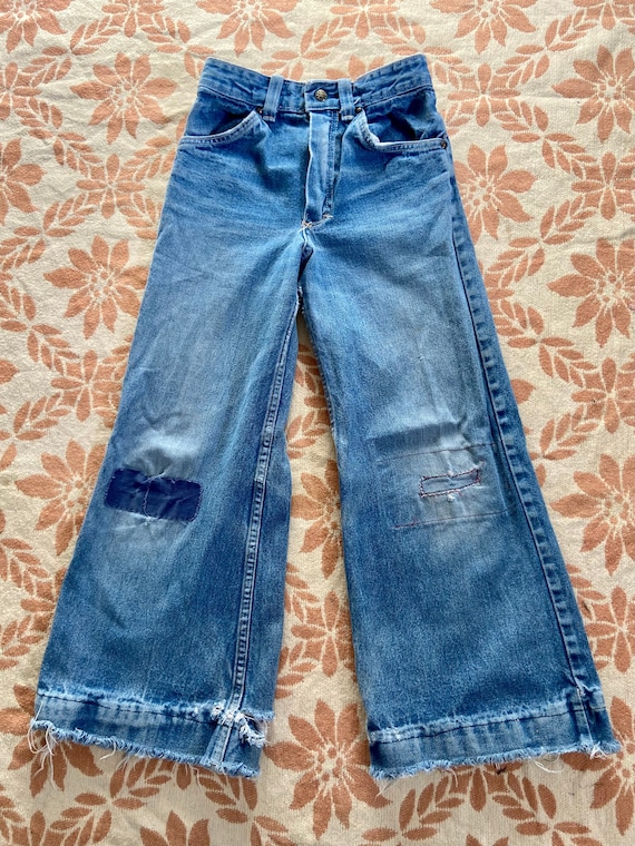 Vintage 70s Denim Flared Wide Leg Distressed Jean… - image 1