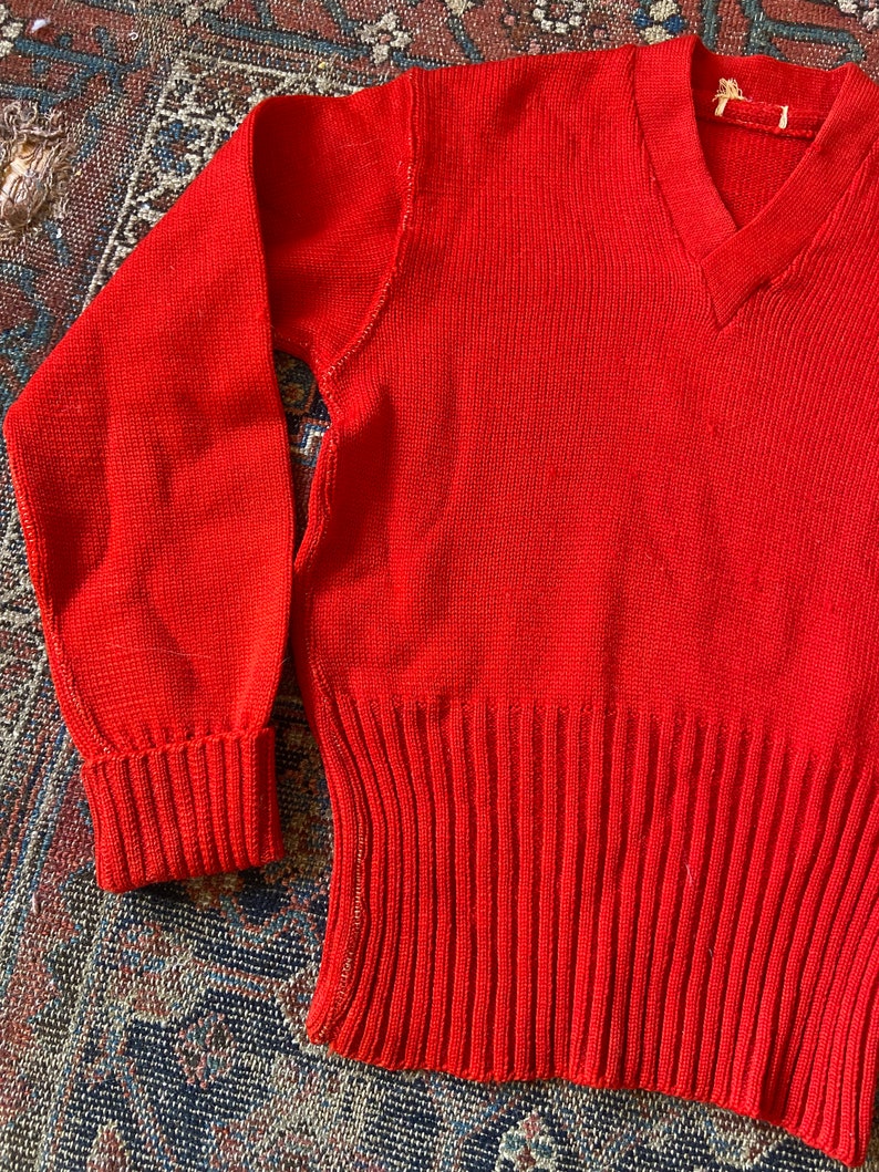 Vintage 1940s Red Wool V Neck Varsity Sweater Pullover image 6