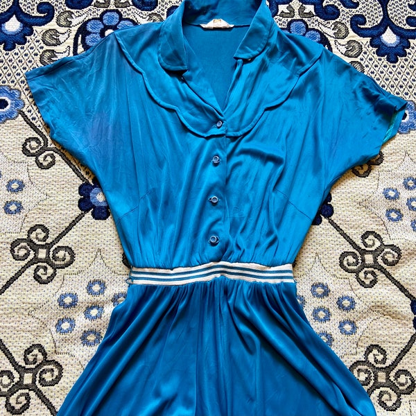 Vintage 40s 50s blue nylon short sleeve button up dress XS small