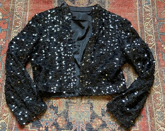 1960s Designer Embellished Black Sparkle Cropped Jacket XS S