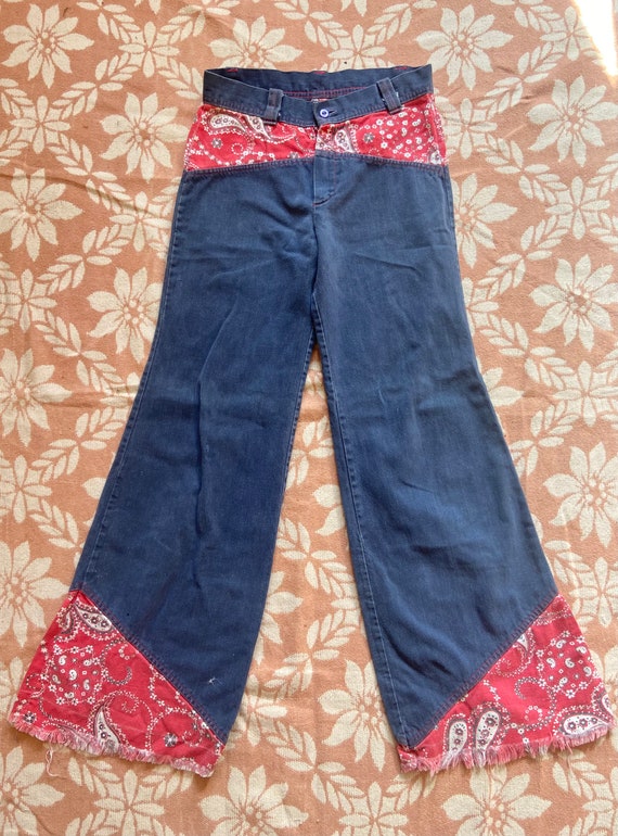 Vintage 60s 70s Bandana Print Denim Flared Jeans 2