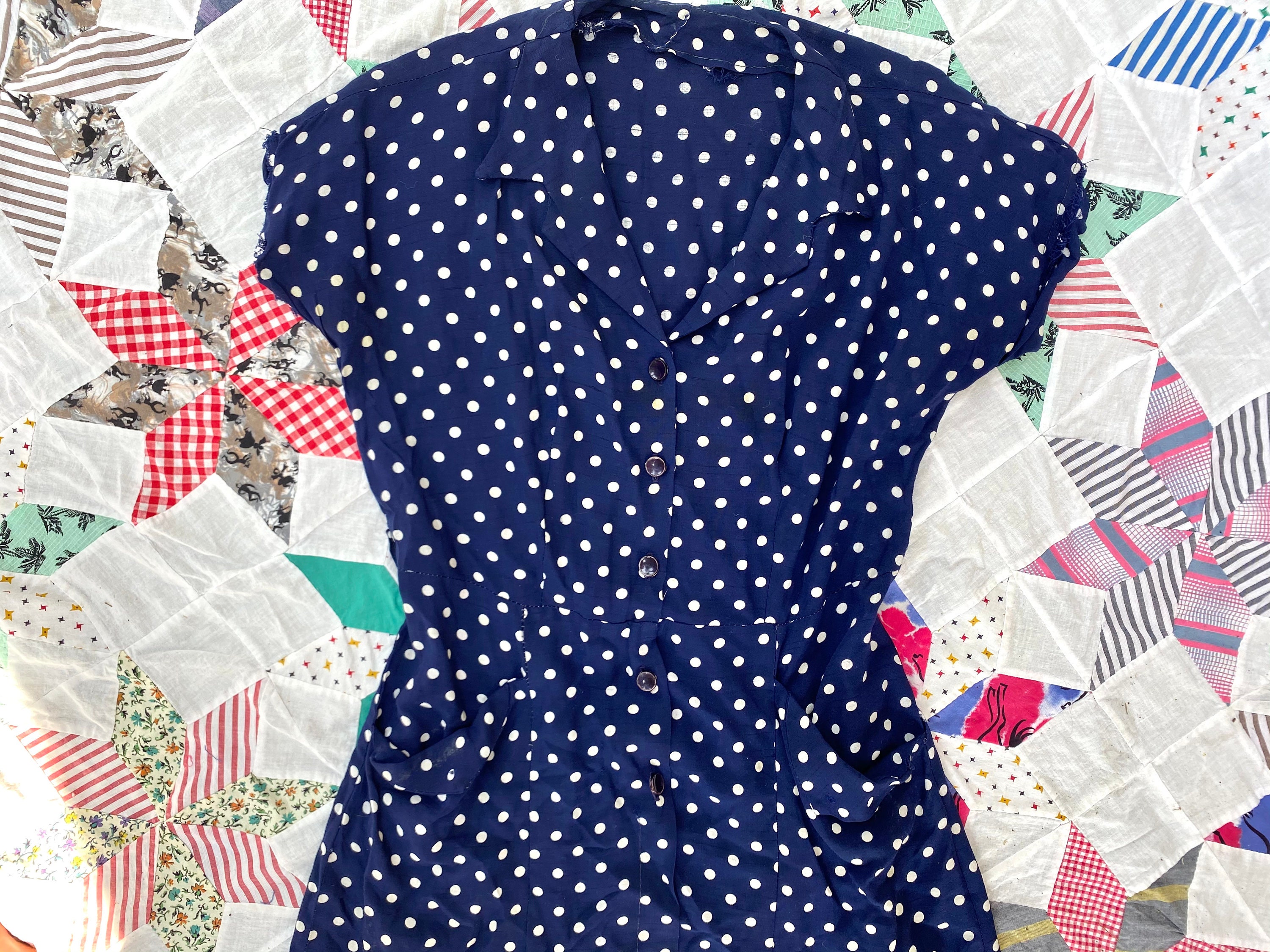 Vintage 40s Blue Polka Dot Cotton House Dress Pockets Small Medium ...