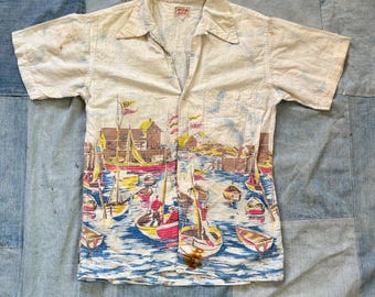 Vintage 1940s Cotton Novelty Loop Collar Button Down Shirt Blouse Youth Large XS
