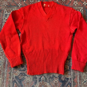 Vintage 1940s Red Wool V Neck Varsity Sweater Pullover image 5