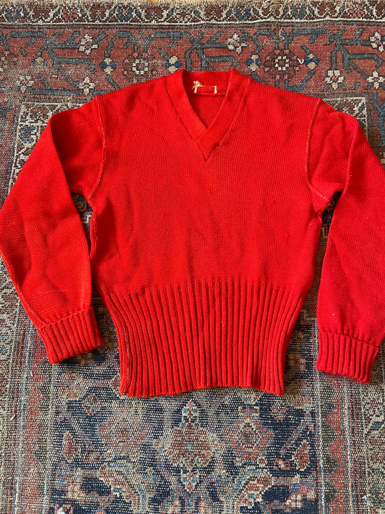 Vintage 1940s Red Wool V Neck Varsity Sweater Pullover image 5