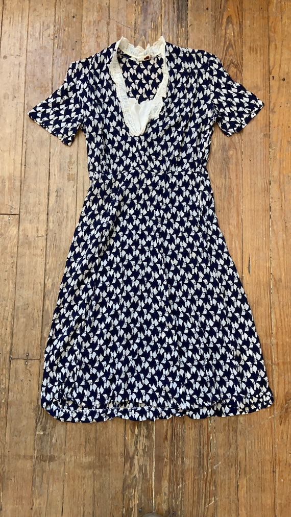 Vintage 30s rayon navy blue printed dress small me