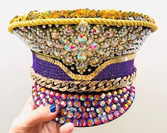 CUSTOM Burning Man Captain Hat/Festival Hat/Rhinestone Hat/Military Hat