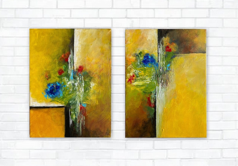 Original Abstract Floral Diptych Artwork Bold and Bright Etsy