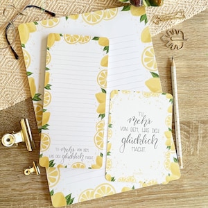 Zitronen Briefpapierset, 1 x Notizblock hochkant und liniert, 1x Briefpapier Block DIN A4 liniert, 1x Postkarte gratis