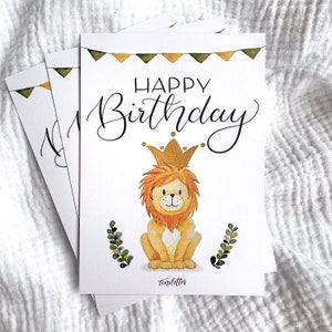 Geburtstagskarte Löwe / "Happy Birthday", Blumenkranz, Wimpel, Kindergeburtstag