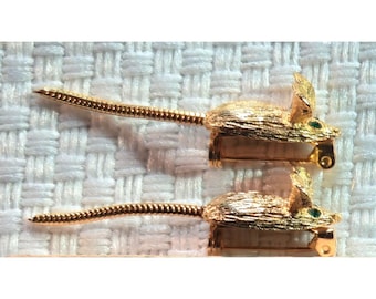 Par de broches de ratones con cola flexible en tono dorado de mediados de siglo - Juego de 2 [Par]