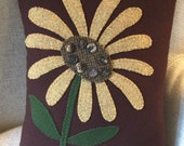 Primitive Folk Art Farmhouse Flower Wool Applique Penny Rug Pillow - Sunflower