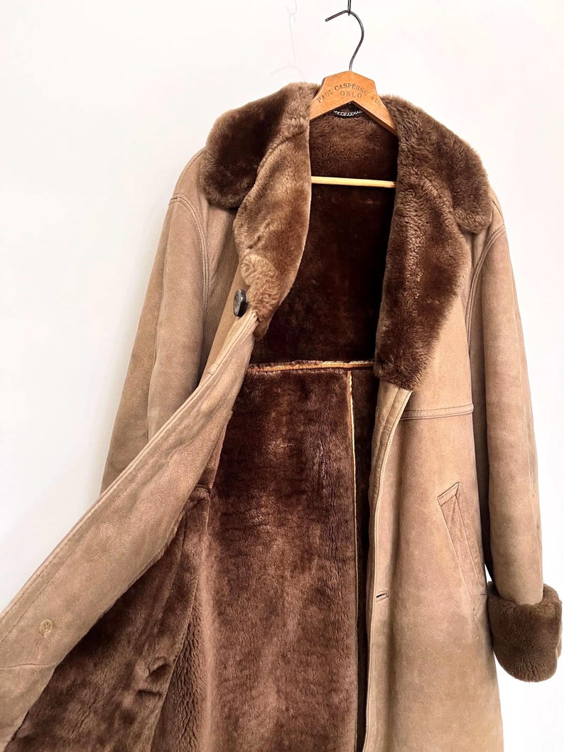 Cappotto in pelle marrone anni '70, cappotto in pelle scamosciata da uomo con pelliccia, cappotto in pelliccia marrone chiaro, cappotto invernale vintage, L, XL immagine 7