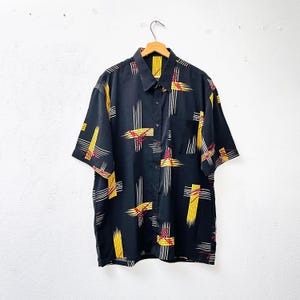 Vintage shirt crazy pattern viscose 80s men&#39;s shirt graffiti black colorful L XL