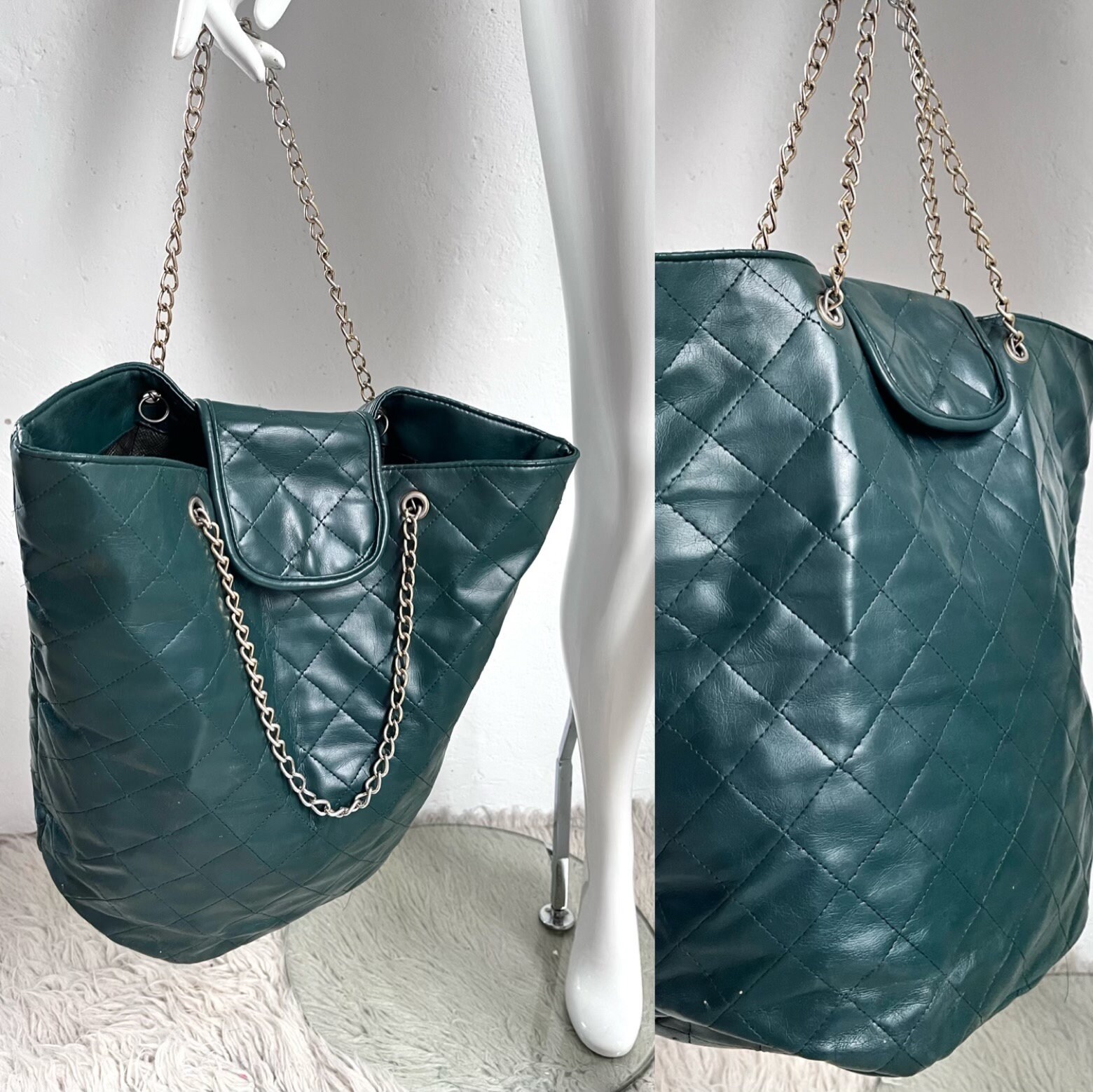 70s Bag Green Faux Leather Quilted Gold Chain / True Vintage 